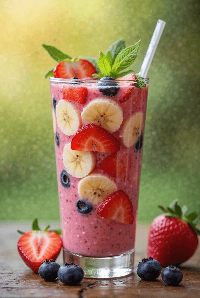 A glass of blended strawberries, blueberries, and almond milk, topped with mint leaves.