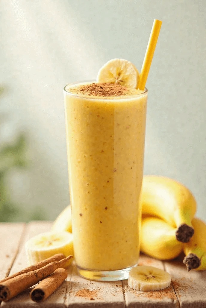 A smooth, refreshing smoothie topped with banana slices and a sprig of mint for a vibrant touch.