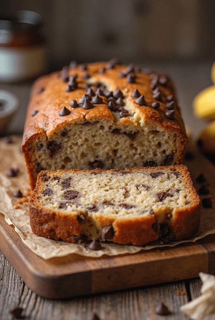 A close-up of a moist banana bread slice with melted chocolate chips, showing its soft and fluffy texture.