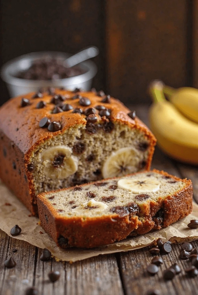 A freshly baked loaf of banana bread with chocolate chips, sliced on a rustic wooden board.