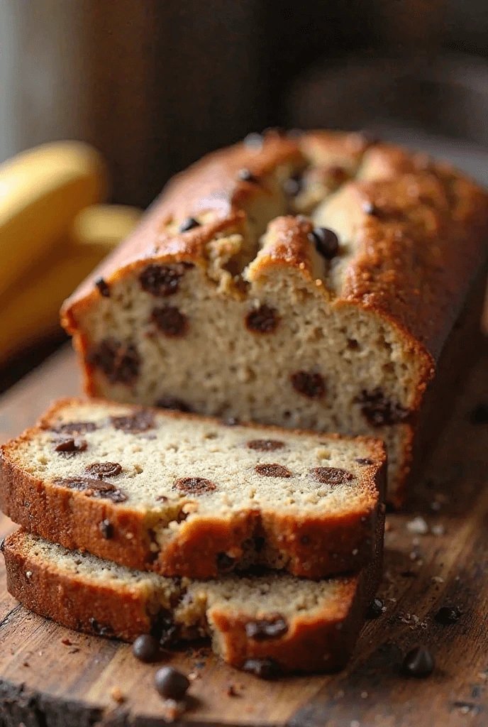 A golden-brown loaf of homemade banana bread with a hint of banana aroma, sliced and ready to serve.