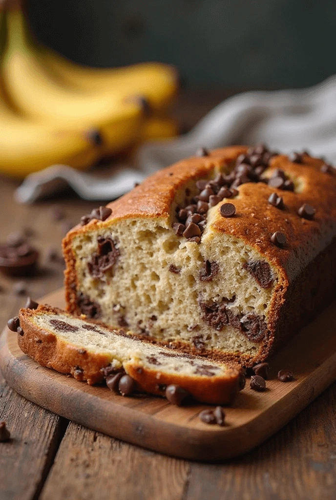 A freshly baked chocolate chip banana bread loaf, sliced on a wooden board with ripe bananas in the background.