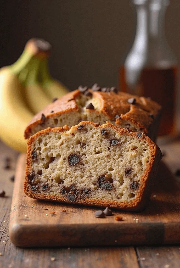A warm slice of banana bread placed on a wooden surface, topped with chocolate chips and a soft, crumbly texture.
