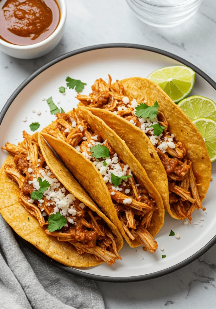 Crispy tacos filled with shredded meat and served with spicy dipping broth