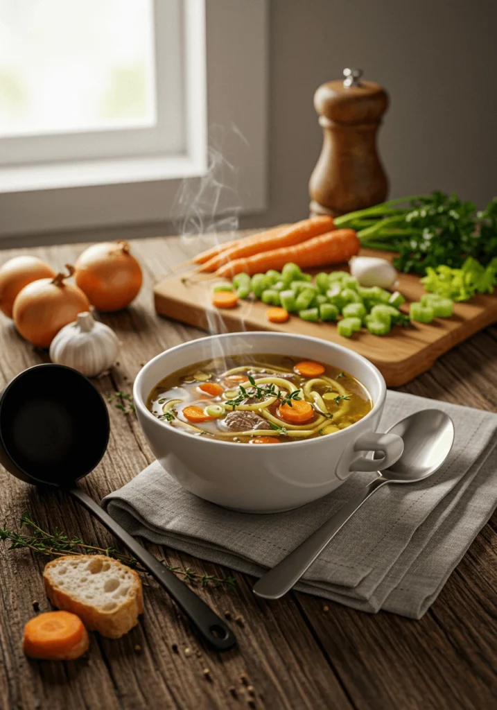 A steaming bowl of homemade vegetable soup with carrots, celery, and fresh herbs.