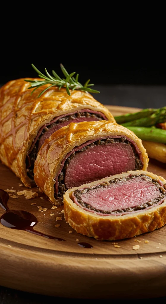 Sliced Beef Wellington with golden puff pastry and tender beef center on a wooden cutting board