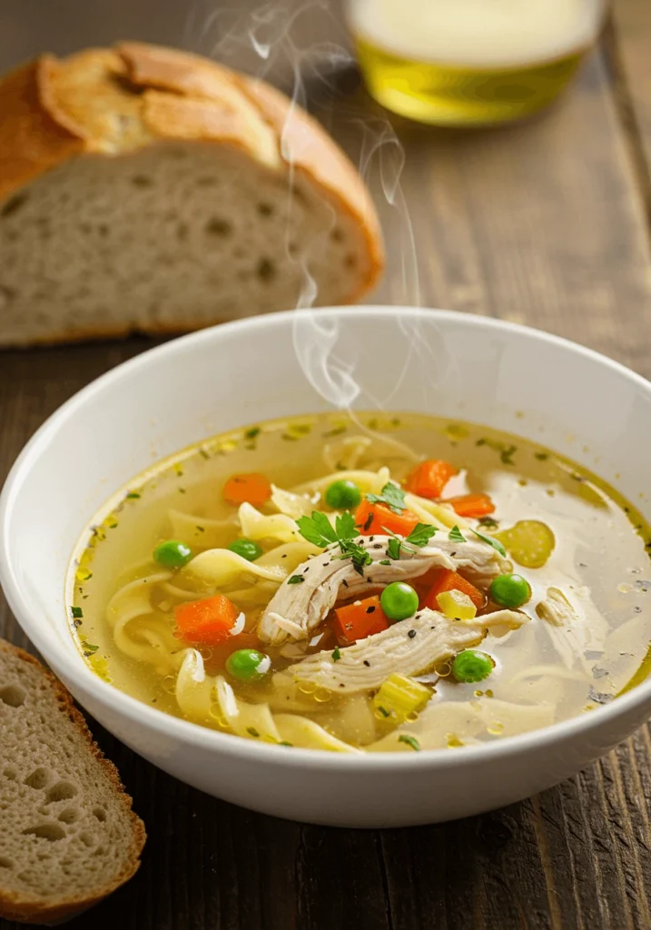 A ladle serving up a bowl of homemade chicken soup.