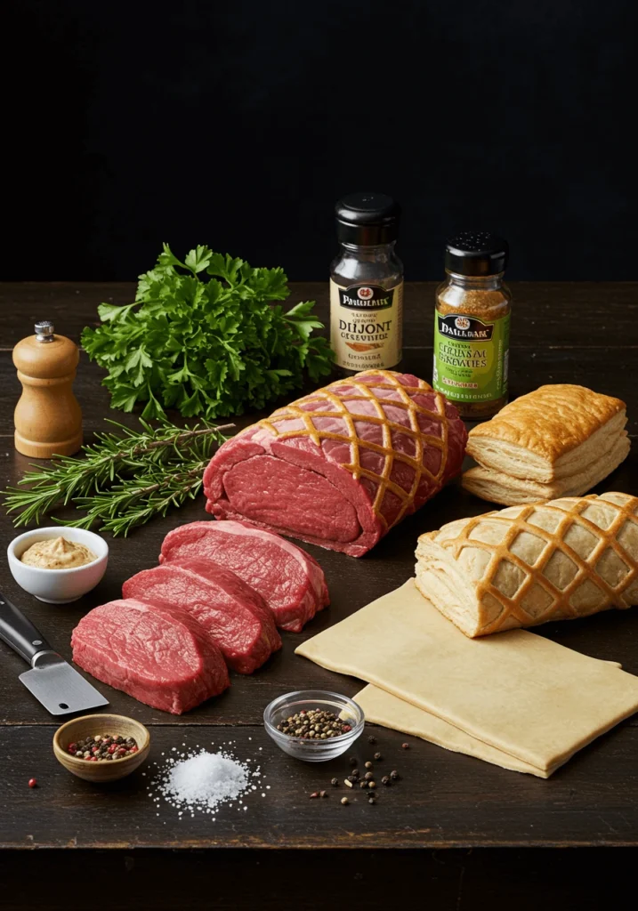 A top-down view of classic Beef Wellington ingredients including beef tenderloin, mushrooms, puff pastry, prosciutto, Dijon mustard, and fresh herbs.
