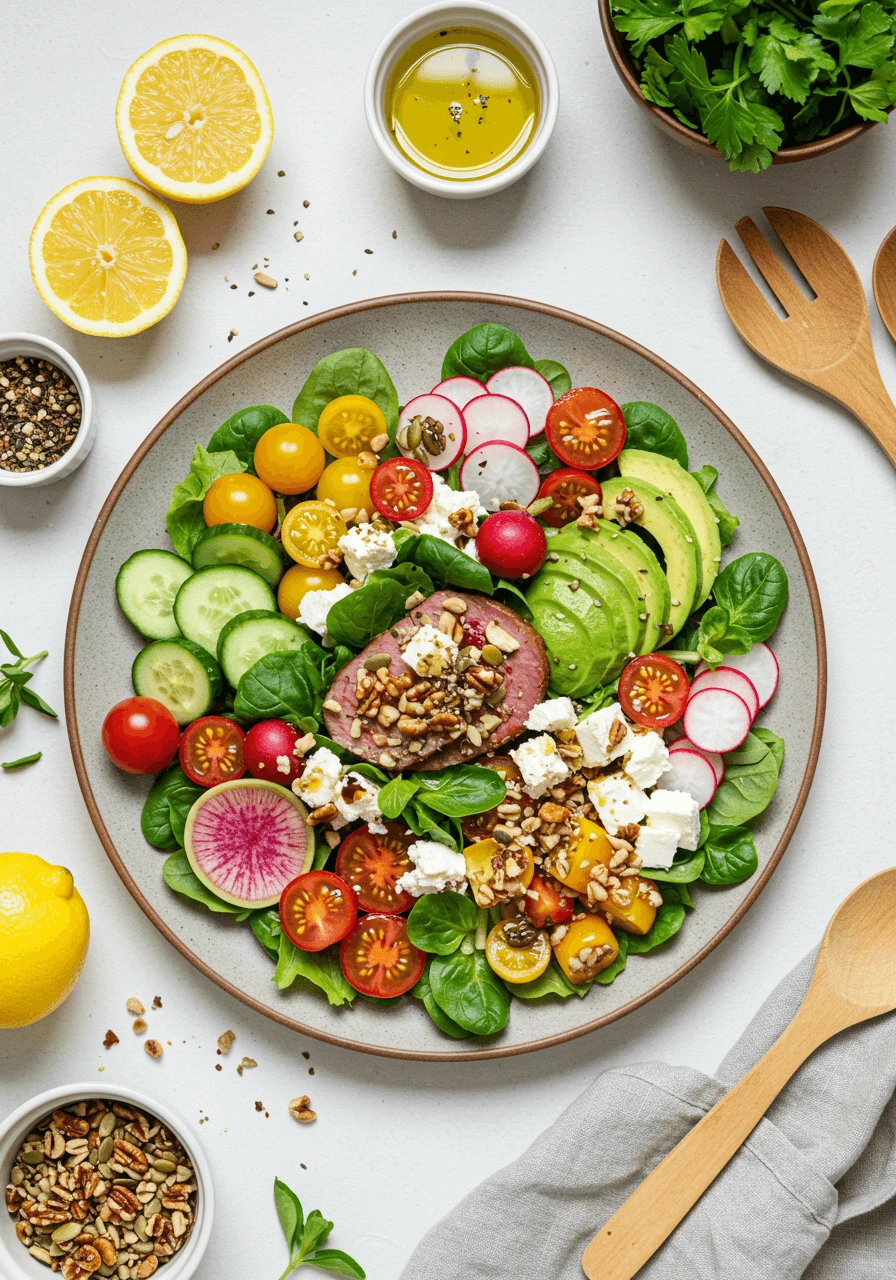Fresh and vibrant salad bowl with seasonal vegetables and fruits, showcasing easy salad recipes.