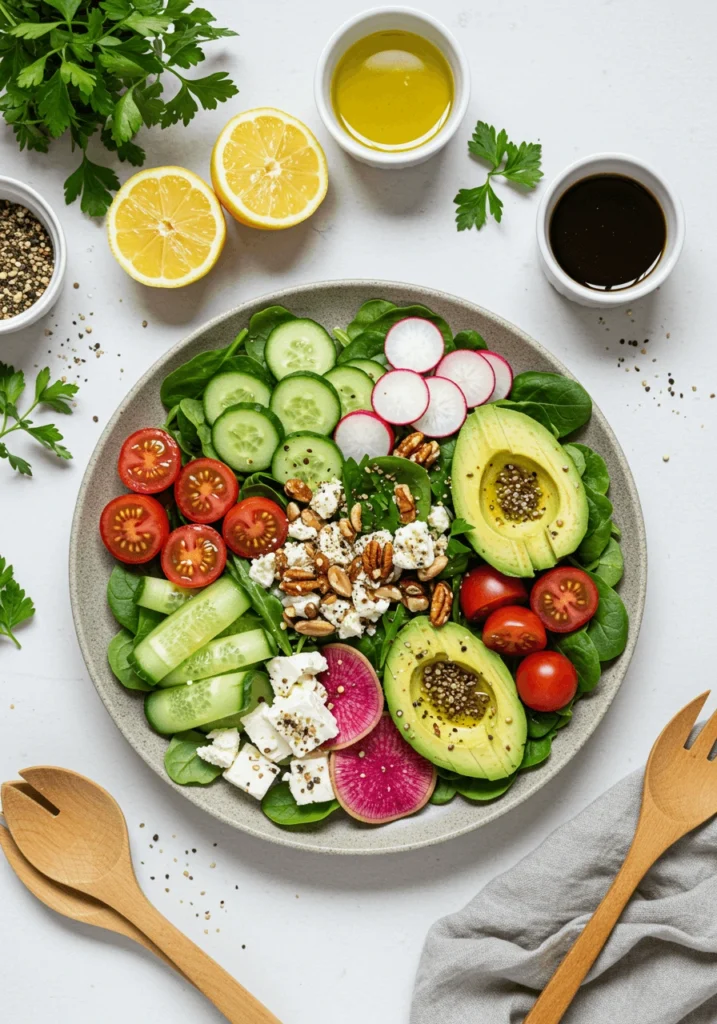 Fresh salad with colorful vegetables and greens, perfect for easy, healthy recipes.