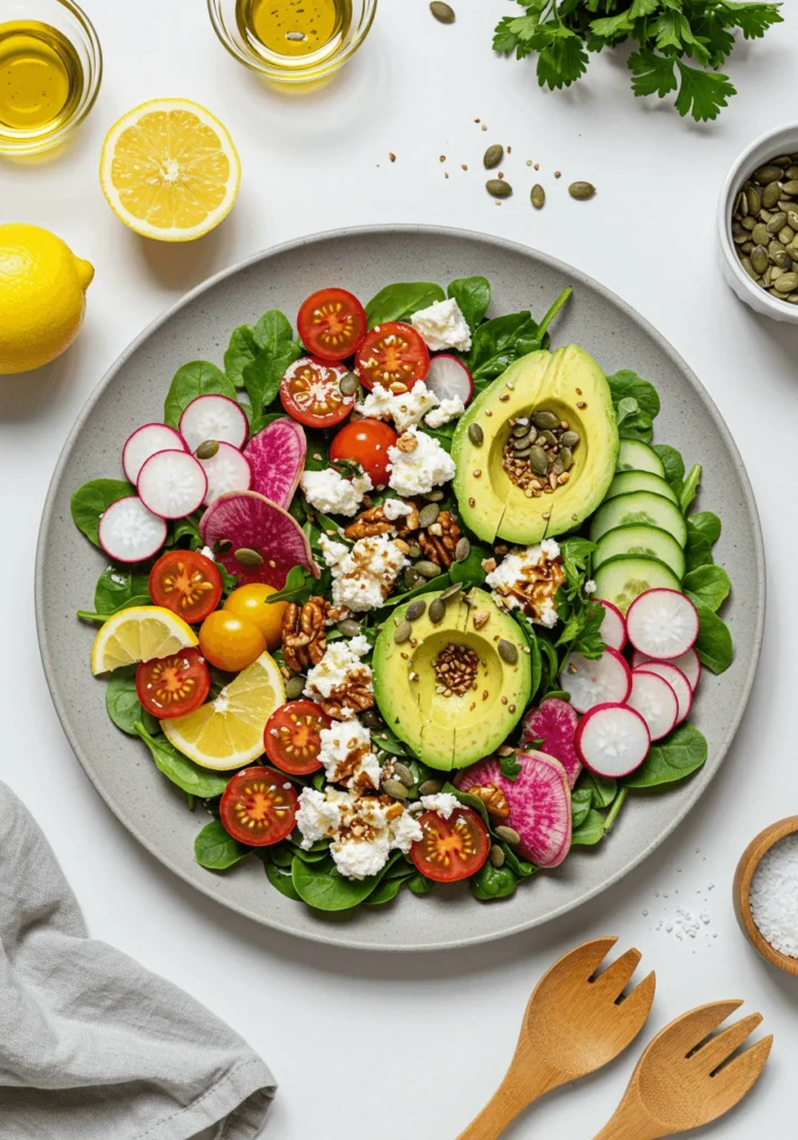 Fresh salad with a mix of colorful vegetables and greens, perfect for healthy meals.