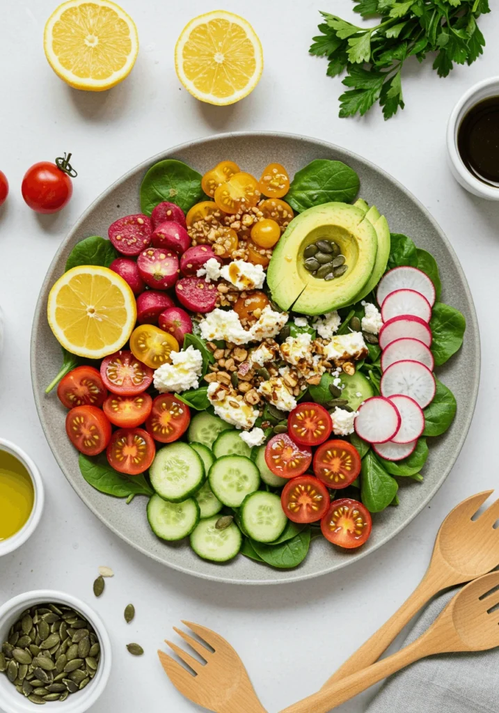 A vibrant and colorful salad with fresh ingredients, perfect for easy and healthy recipes.