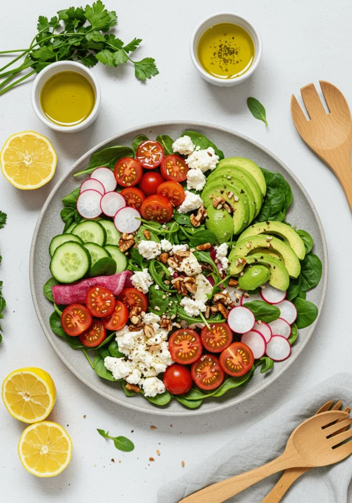 A vibrant, fresh salad featuring colorful vegetables and greens.