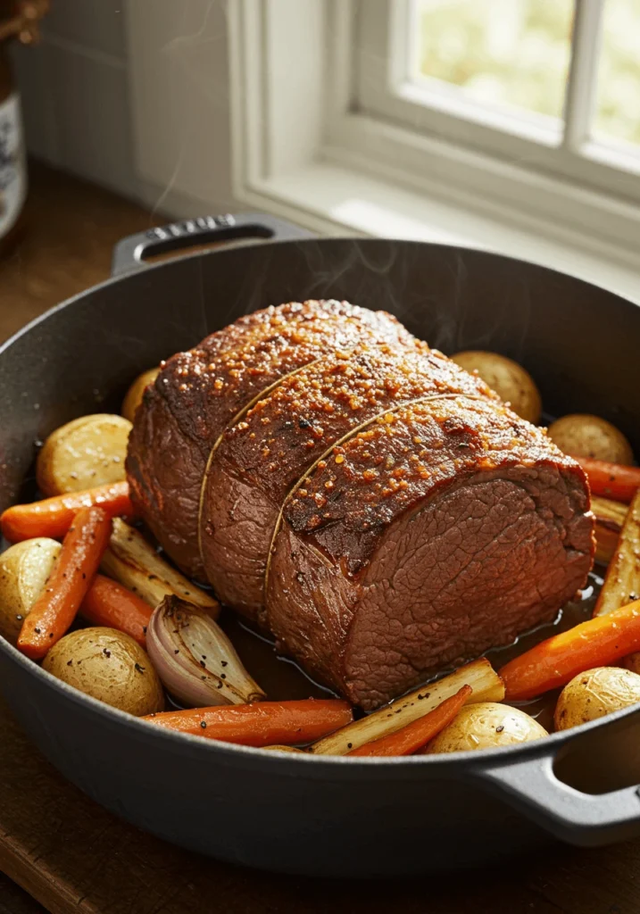 ender pot roast with carrots, potatoes, and fresh herbs in a rustic dish