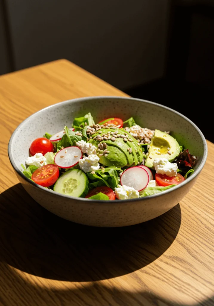Fresh mixed salad with leafy greens, cherry tomatoes, cucumbers, red onions, and a lemon dressing