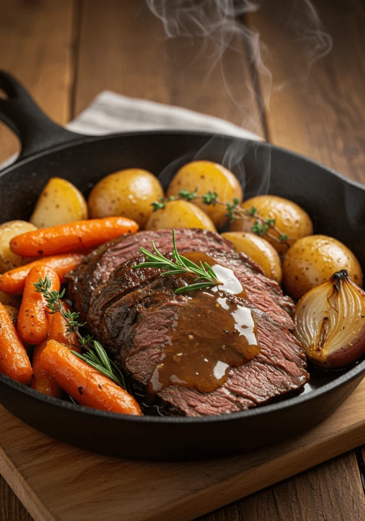Sliced beef with rich gravy, served with baby potatoes, carrots, and caramelized onion in a hot skillet