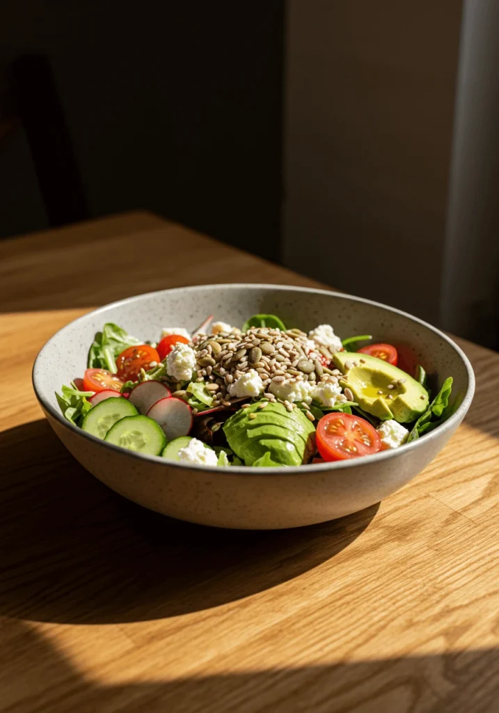 Bowl of fresh salad with lettuce, cherry tomatoes, cucumbers, red onions, and olive oil dressing