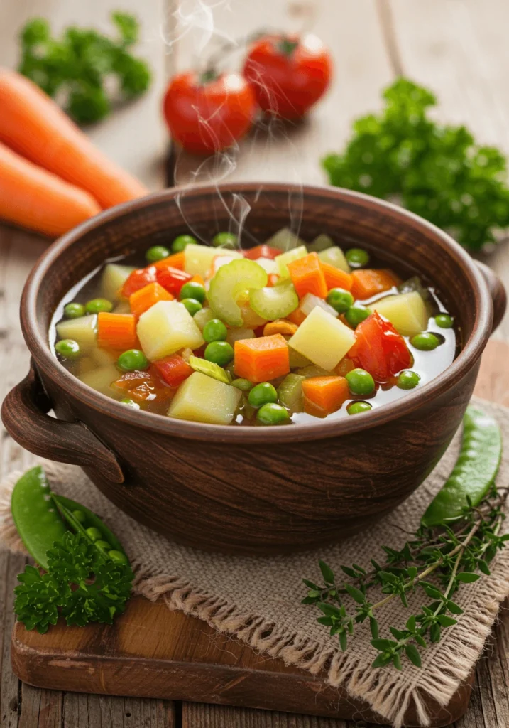 Fresh chopped vegetables like carrots, celery, and onions ready to be added to the pot.