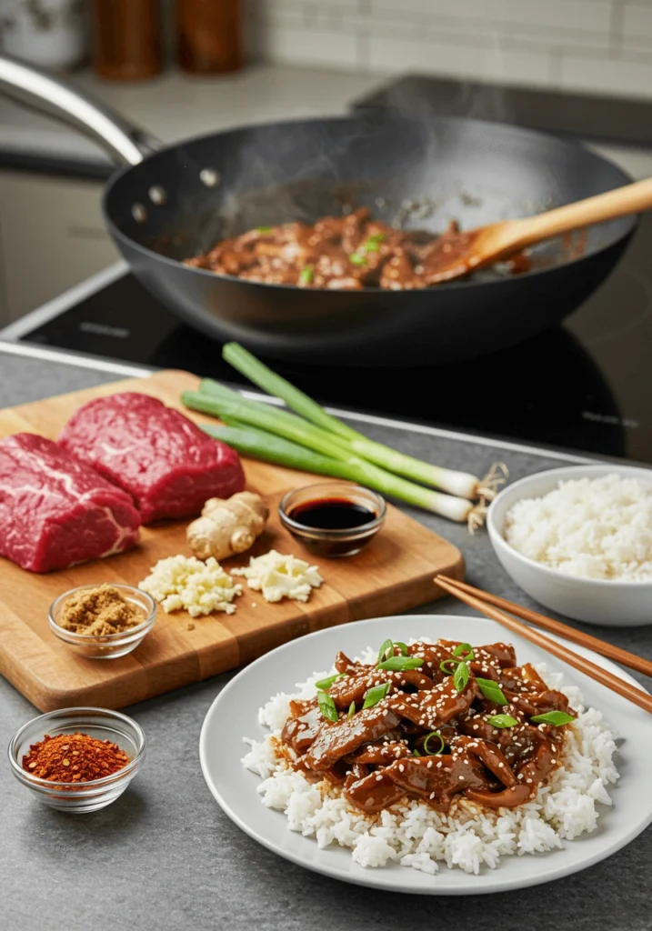 Mongolian beef served over rice with fresh green onions, surrounded by raw ingredients and a sizzling wok