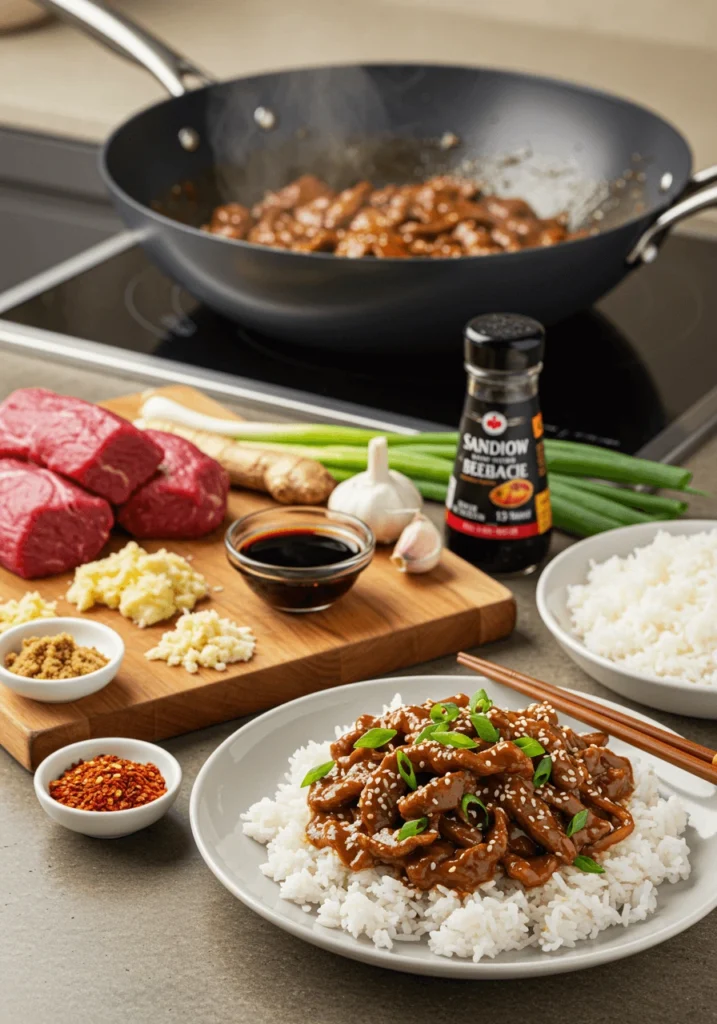 Mongolian Beef with green onions served over steamed white rice in a ceramic bowl