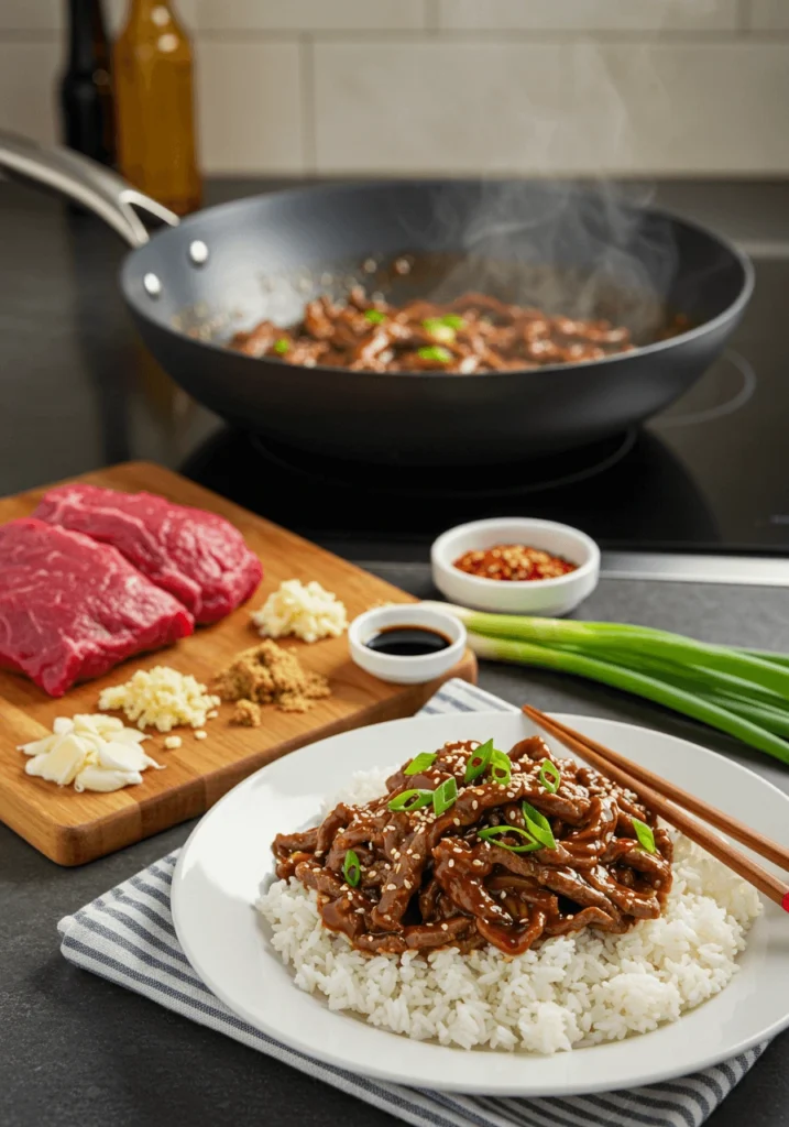 Stir-fried beef served over steamed white rice with sesame seeds and green onions