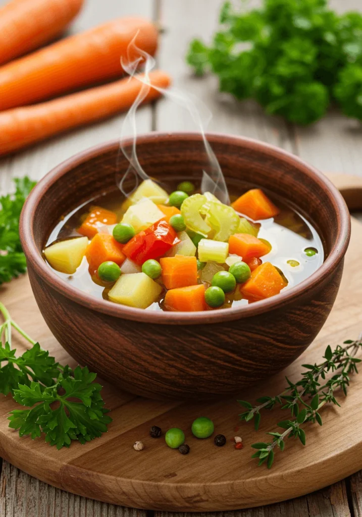 A close-up view of a bowl of vegetable soup with vibrant carrots, celery, and onions floating in a rich broth.
