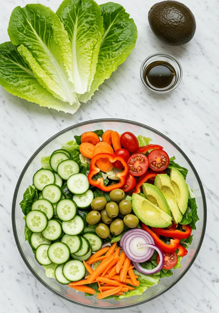 Homemade vinaigrette being poured over a fresh vegetable salad.