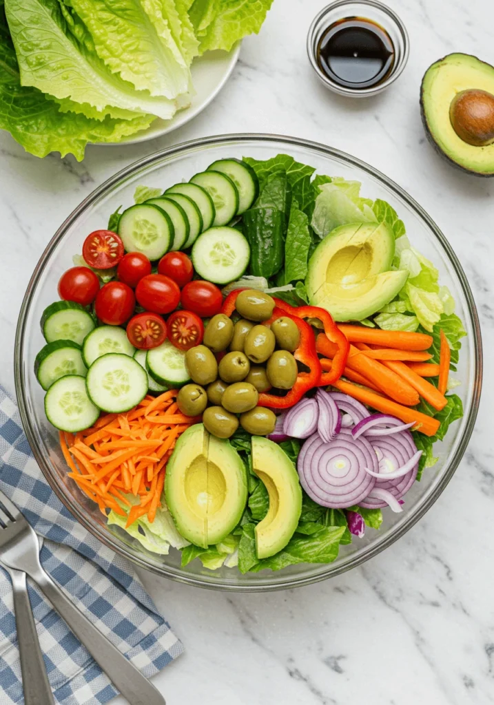 Chopped romaine lettuce, sliced avocados, and walnuts ready for salad assembly.