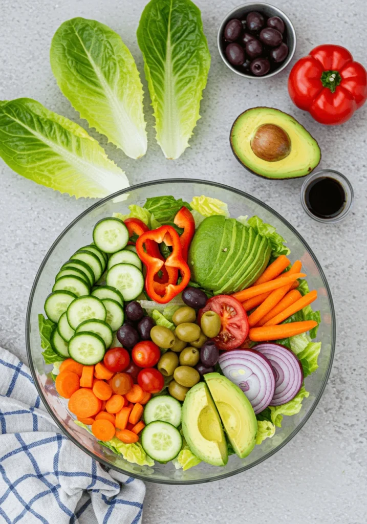Fresh tomatoes, cucumbers, and bell peppers arranged on a cutting board.