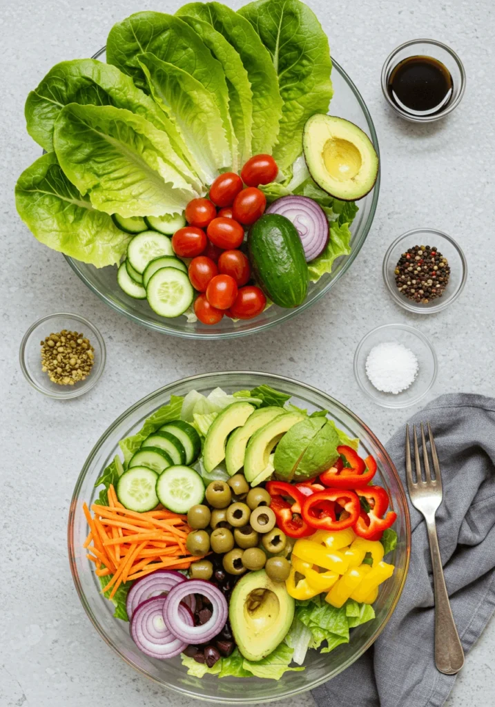 A colorful salad bowl with leafy greens, tomatoes, cucumbers, and feta cheese.