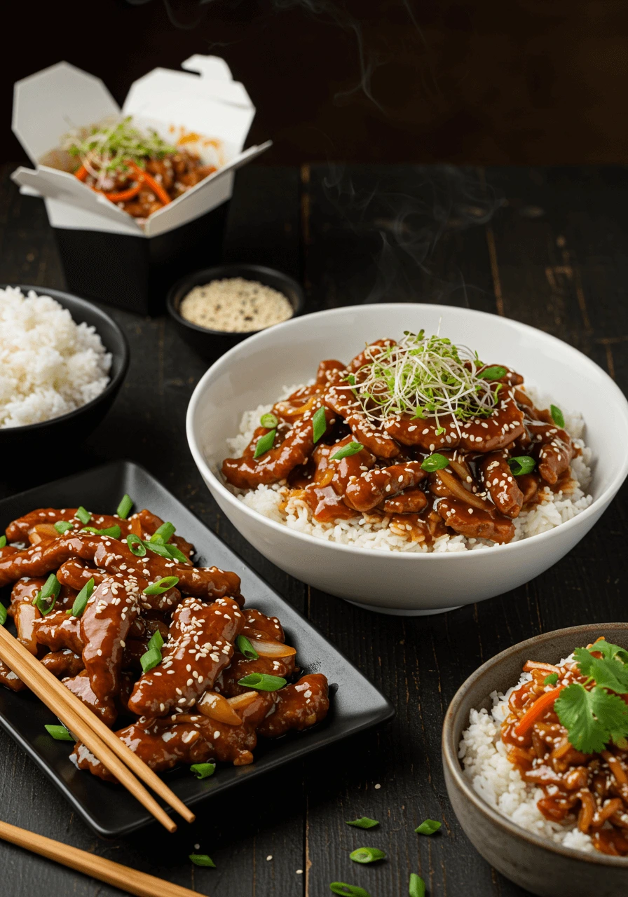 Perfect Mongolian beef stir-fry served with jasmine rice and garnished with green onions