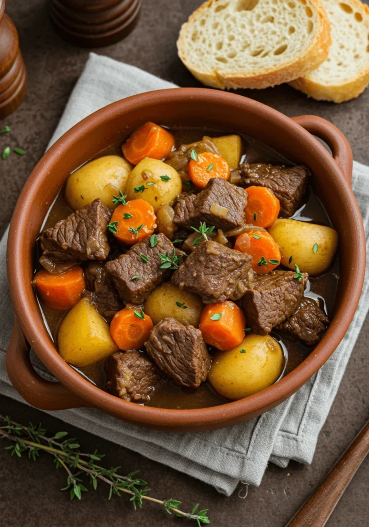Delicious, hearty beef stew with tender meat and vegetables in rich gravy served in a bowl.