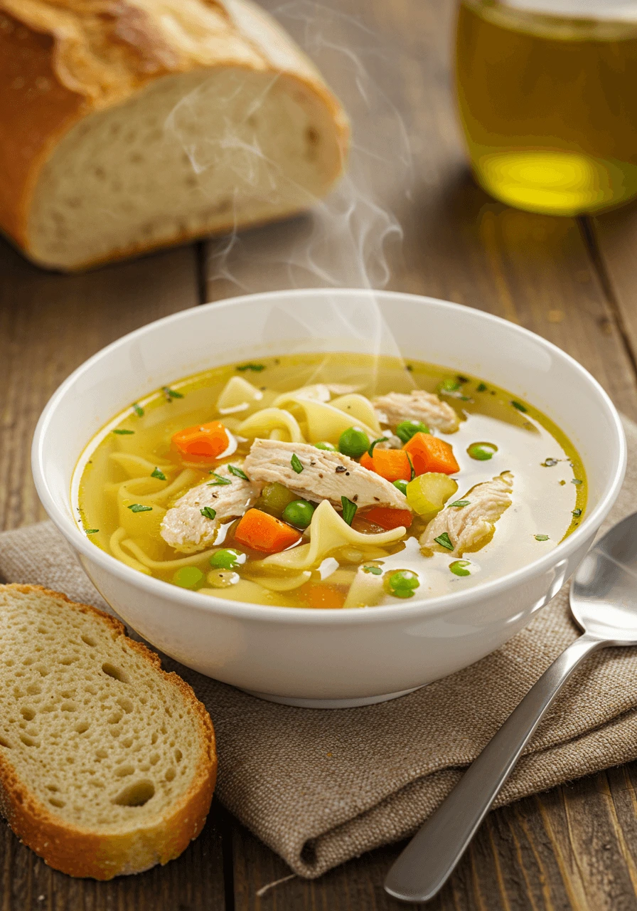 A warm bowl of homemade soup with chicken, vegetables, and noodles.