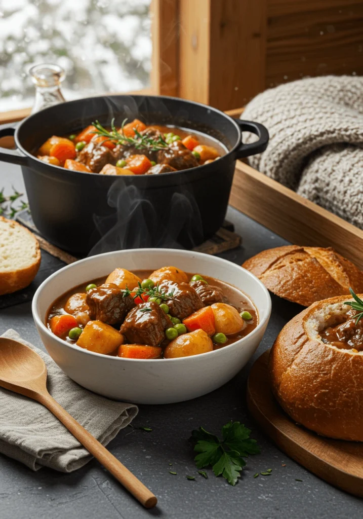 Close-up of juicy beef chunks in rich gravy with carrots and onions