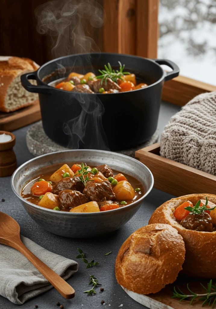 Tender beef stew with vegetables in a rustic bowl, showcasing juicy beef chunks and rich gravy