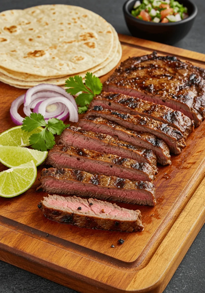 Grilled asada meat sliced on a wooden board with lime wedges and cilantro