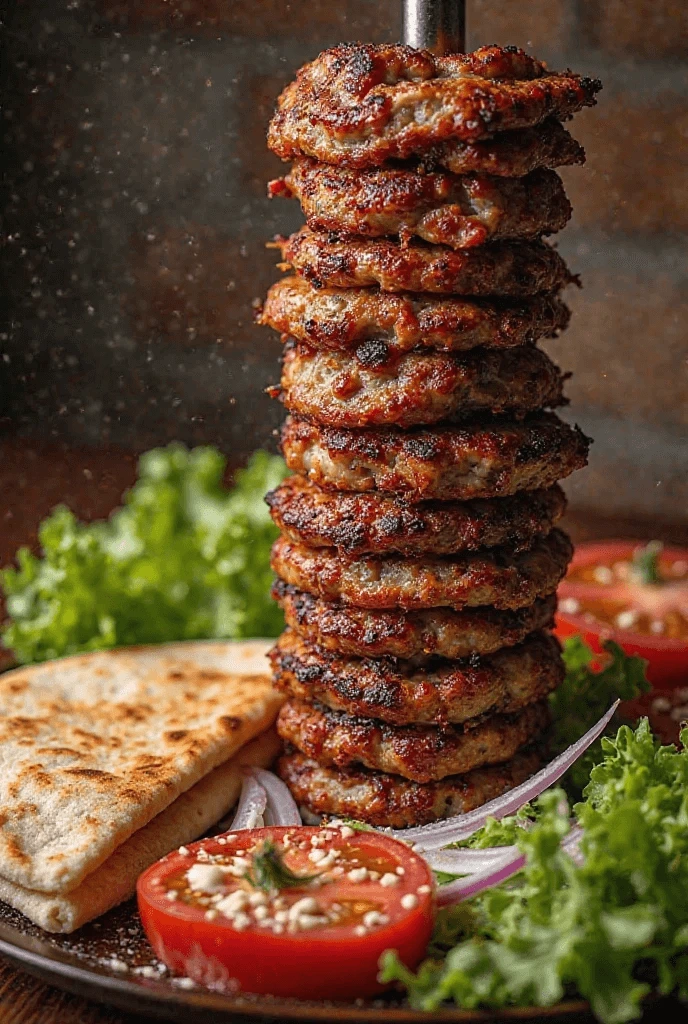 A towering skewer of grilled shawarma meat patties with a charred exterior, served with fresh lettuce, red onions, cherry tomatoes, and creamy dipping sauce.