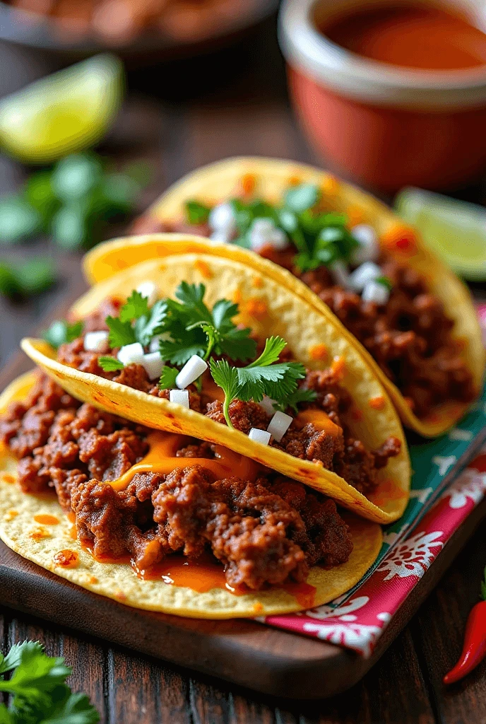 Mexican-style tacos with spicy beef and melted cheese on corn tortillas.