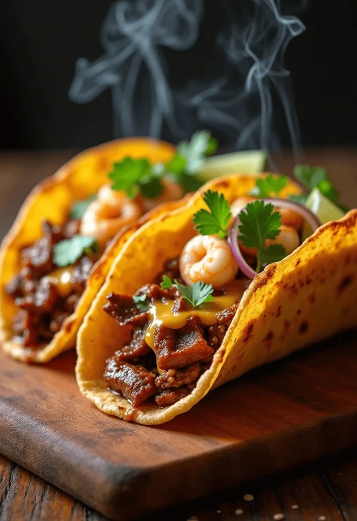 Birria taco variations with beef, avocado, melted cheese, and cilantro on a wooden plate.