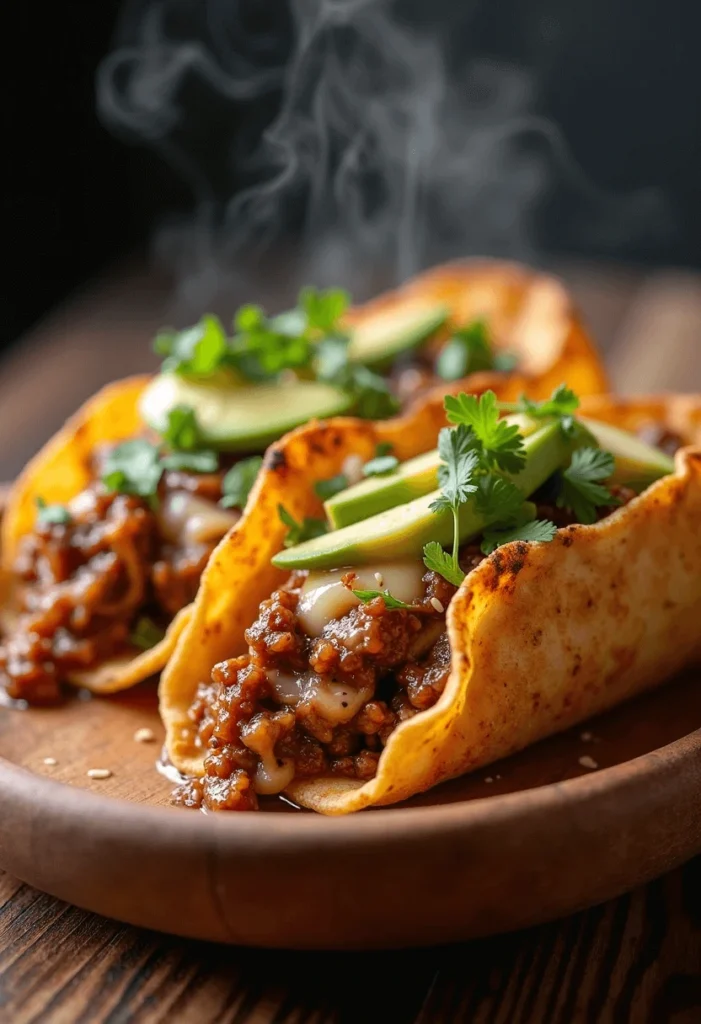 Surf and turf tacos with grilled beef and shrimp in charred tortillas, topped with cilantro, onions, and golden sauce.