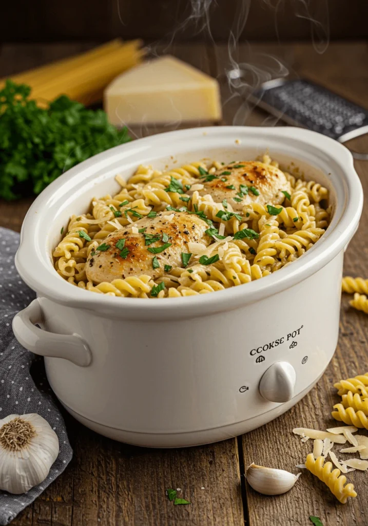 Tender chicken and rotini pasta in a creamy garlic sauce