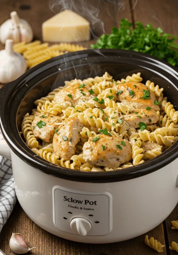 Creamy chicken pasta crockpot meal with melted cheese and fresh herbs in a white bowl