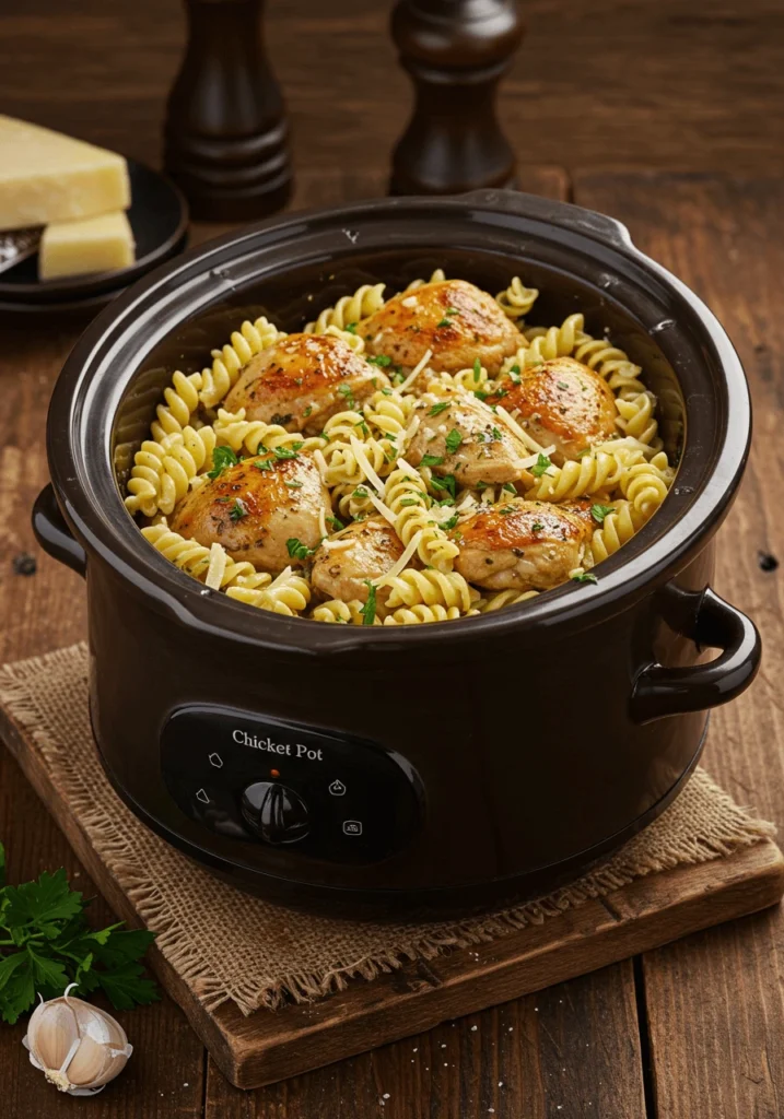 Slow cooker filled with cooked rotini pasta and golden chicken thighs garnished with parsley and shredded cheese.