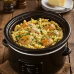 Creamy chicken and pasta cooked in a crock pot with herbs and melted cheese