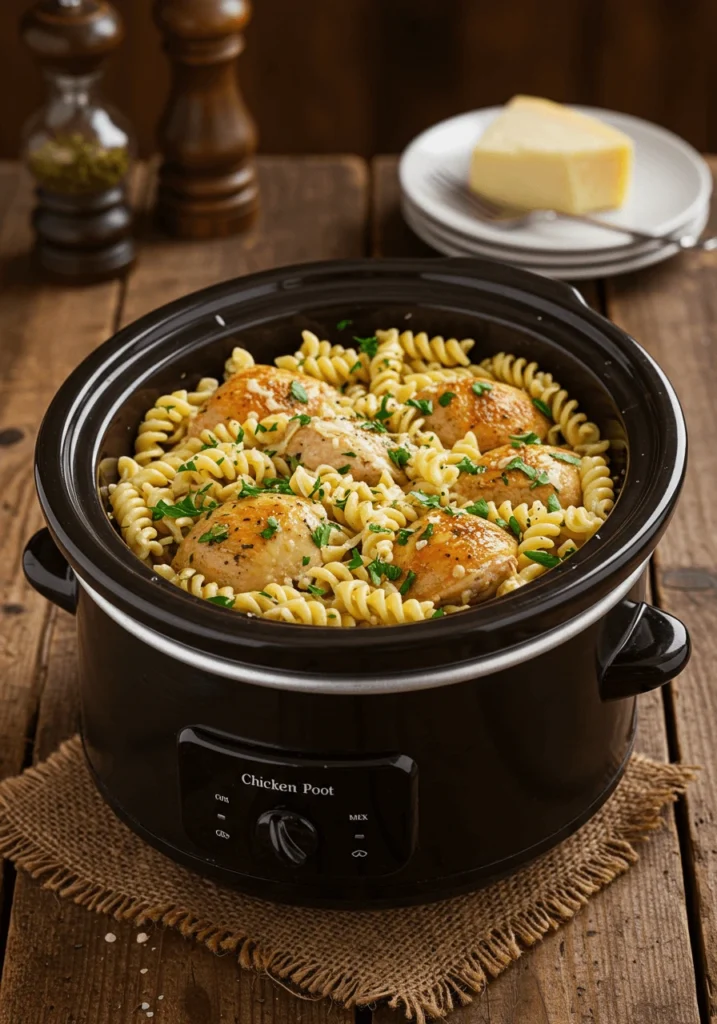 Creamy chicken and pasta cooked in a crock pot with herbs and melted cheese