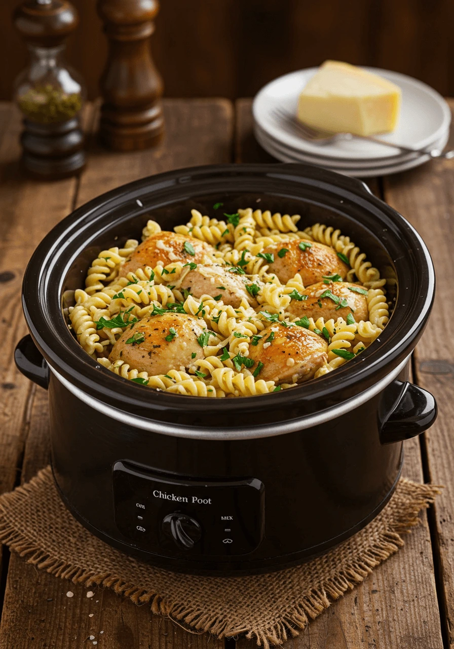 Creamy chicken and pasta cooked in a crock pot with herbs and melted cheese