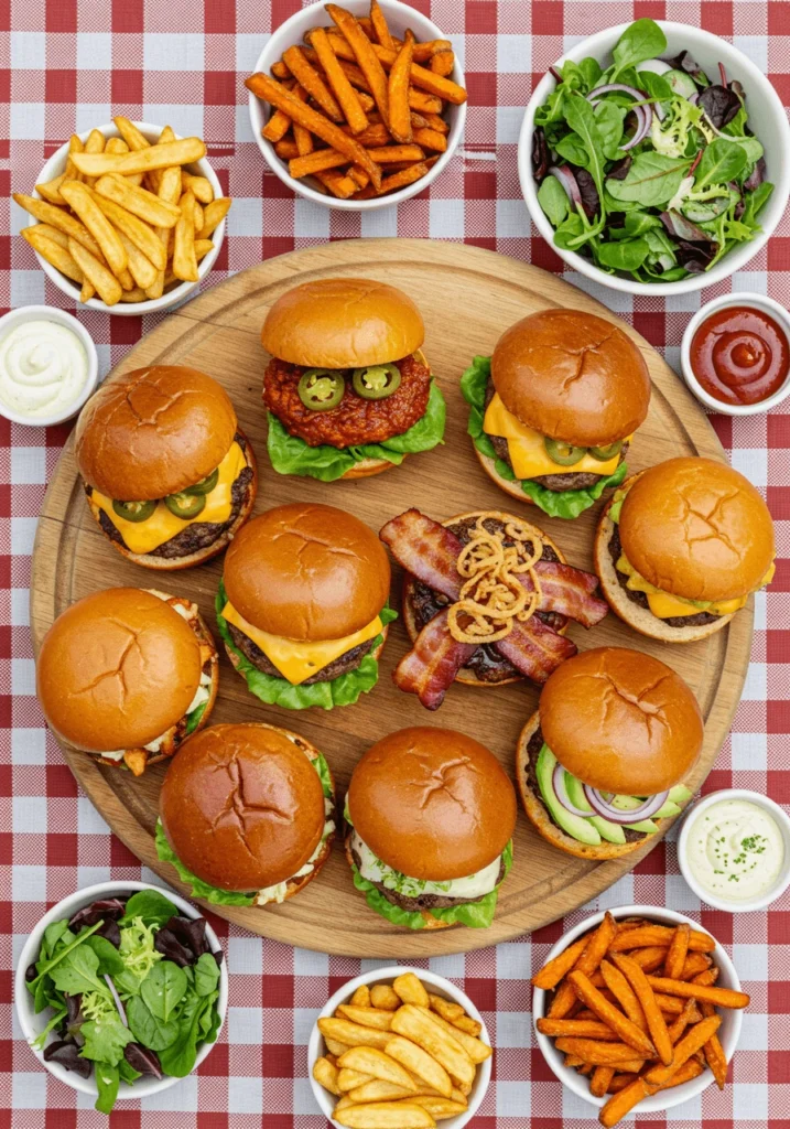 A plate of delicious homemade burgers with melted cheese, fresh toppings, and perfectly toasted buns.