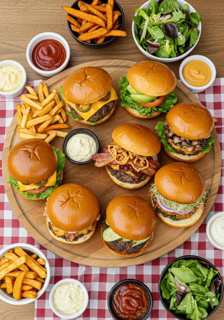 A wooden platter filled with juicy homemade burgers topped with melted cheese, lettuce, tomatoes, and toasted buns.