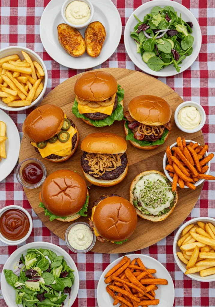 A platter of assorted homemade burgers with melted cheese, fresh lettuce, tomatoes, and toasted burger buns.