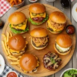 A variety of juicy homemade burgers with melted cheese, fresh toppings, and toasted buns served on a wooden platter.